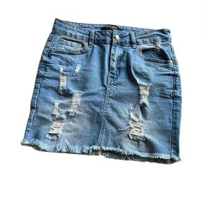 Wax Jean Distress Denim Mini Skirt
